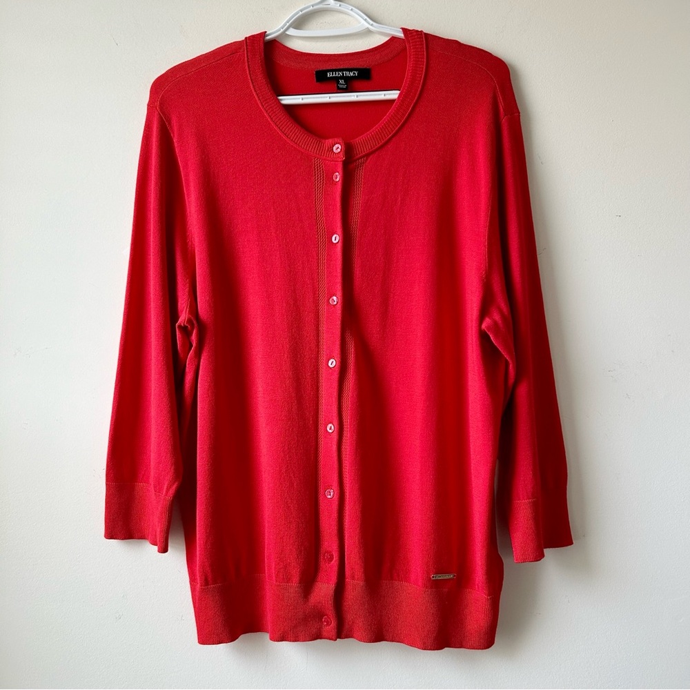 Ellen Tracy Cardigan Sweater Red 3/4 Sleeves Ribbed Neck Hem Line Sz XL Cozy